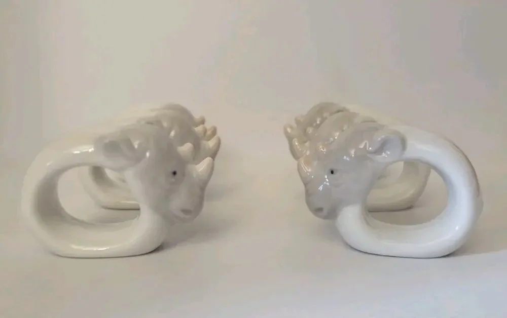 Set of 6 White Ceramic 3D Rhino Napkin Rings Holders, Animal Theme